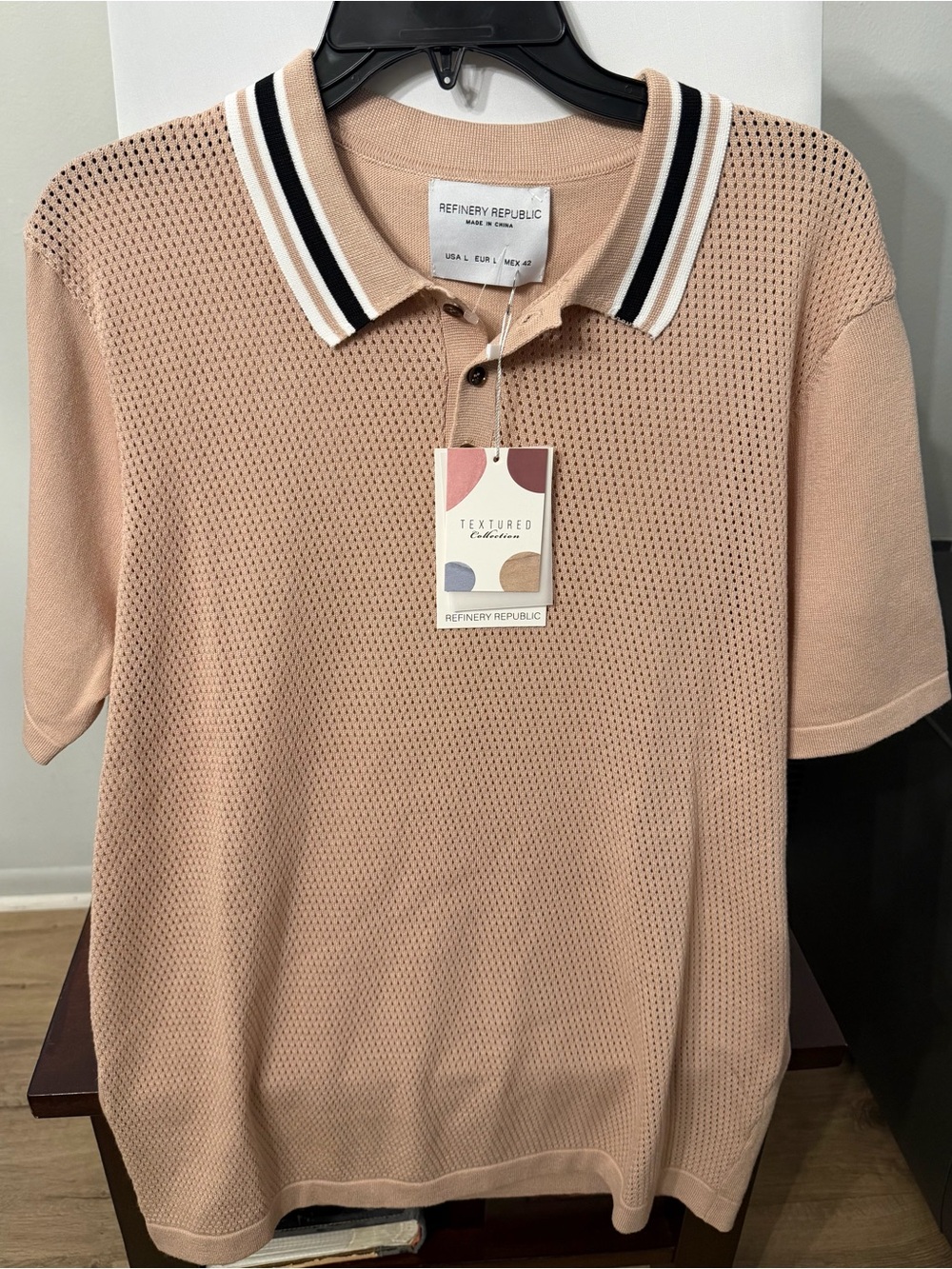 Refinery Republic Textured Polo in Beige with Contrast Stripe Collar